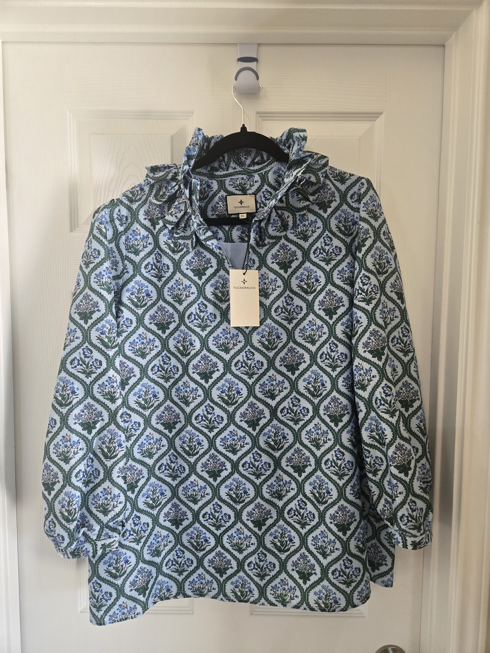 Tuckernuck Blue and Green Medallion Ruffle-Neck Blouse